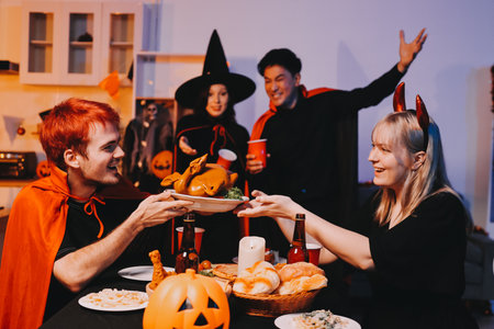 Friends enjoying a Halloween party making a toast