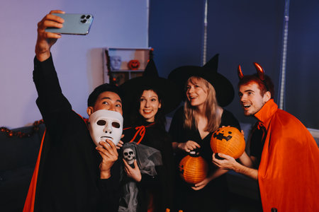 Friends enjoying a Halloween party making a toast
