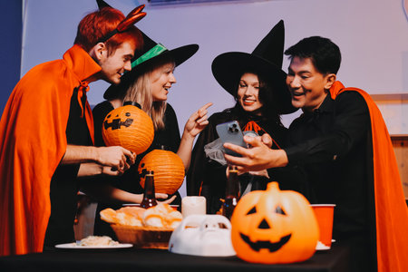 Friends enjoying a Halloween party making a toast