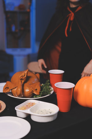 Friends enjoying a Halloween party at a barの写真素材