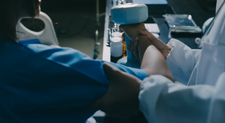 Physical therapist assisting a woman with dumbbell exercise