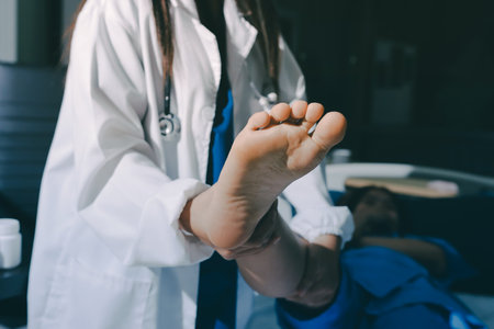 Doctor examining and supporting injured ankle of female patient in hospital room, providing medical...