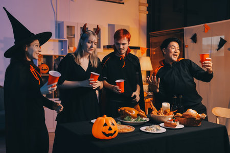 Friends enjoying a Halloween party making a toastの写真素材