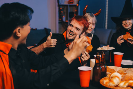 Friends enjoying a Halloween party making a toastの写真素材
