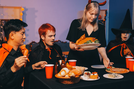 Friends enjoying a Halloween party at a bar making a toastの写真素材