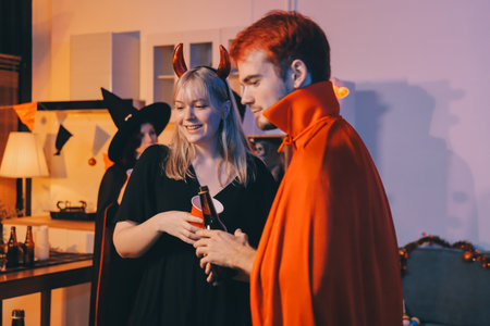 Friends enjoying a Halloween party making a toastの写真素材