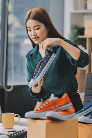 Starting small businesses SME owners female entrepreneurs check online orders to prepare to pack the boxes, sell to customers, sme business ideas online.の写真素材