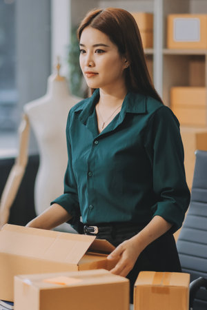 Starting small businesses SME owners female entrepreneurs check online orders to prepare to pack the boxes, sell to customers, sme business ideas online.の写真素材