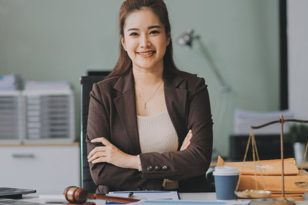 Confident Lawyer Working at Desk: A young Asian female lawyer confidently works on her laptop, surrounded by legal symbols. She exudes professionalism and competence in her modern office setting.の写真素材