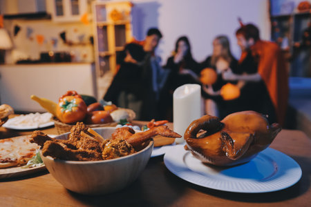 Friends enjoying a Halloween party making a toast