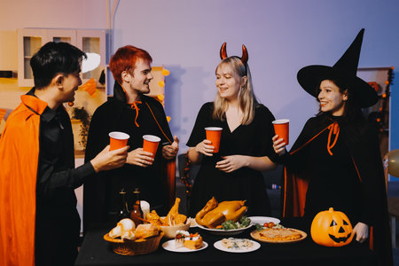 Friends enjoying a Halloween party at a bar making a toast