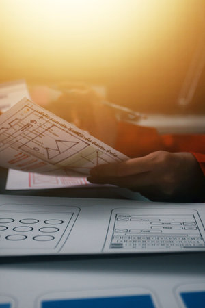 Team of uxui designers pointing at computer screen, discussing new mobile app design in the officeの写真素材