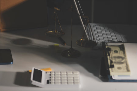 Businesswoman and Male lawyer or judge consult and conference having team meeting with client at law firm in office, Law and Legal services conceptの写真素材