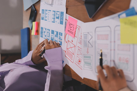 Close up ux developer and ui designer brainstorming about mobile app interface wireframe design on...