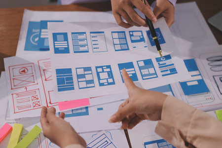 Close up ux developer and ui designer brainstorming about mobile app interface wireframe design on...