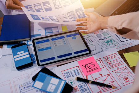 Close up ux developer and ui designer brainstorming about mobile app interface wireframe design on...