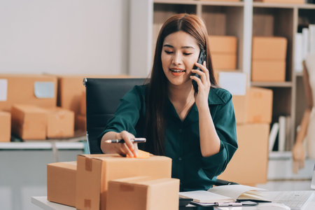 Starting small businesses SME owners female entrepreneurs check online orders to prepare to pack the...