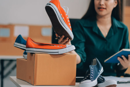 Starting small businesses SME owners female entrepreneurs check online orders to prepare to pack the...