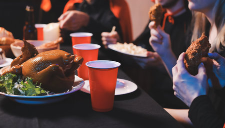 Friends enjoying a Halloween party at a bar making a toast