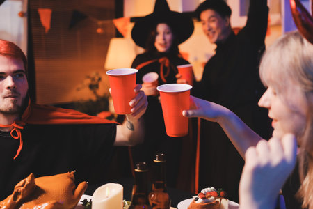 Friends enjoying a Halloween party making a toast