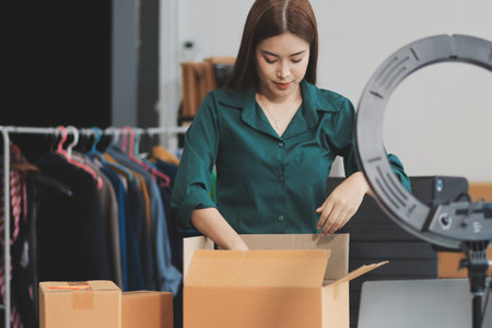 Starting small businesses SME owners female entrepreneurs check online orders to prepare to pack the...