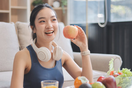 Fit young Asian women in activewear sitting on yoga mat and eating fresh vegetable salad after workout, representing clean eating, fitness lifestyle, wellness routine and health balance.の写真素材