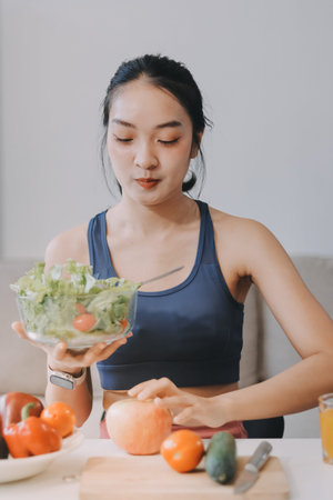 Fit young Asian women in activewear sitting on yoga mat and eating fresh vegetable salad after workout, representing clean eating, fitness lifestyle, wellness routine and health balance.の写真素材