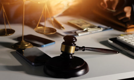 Businesswoman and Male lawyer or judge consult and conference having team meeting with client at law...