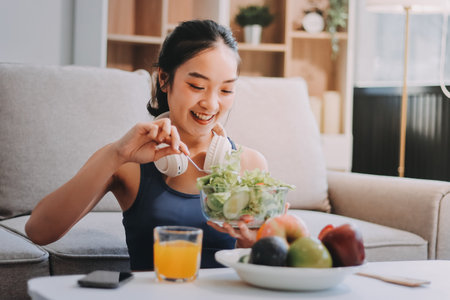 Fit young Asian women in activewear sitting on yoga mat and eating fresh vegetable salad after...