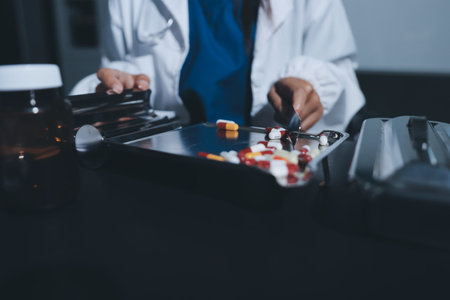 Two doctors and a female nurse meet at a table in the hospital, collaborating on medical tasks using...