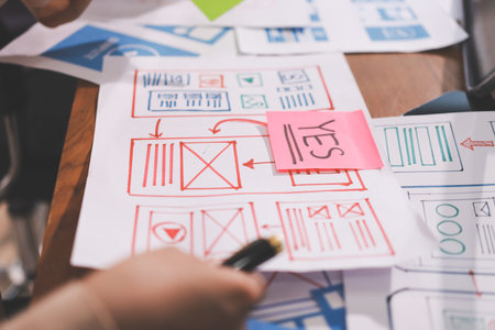 Close up ux developer and ui designer brainstorming about mobile app interface wireframe design on...