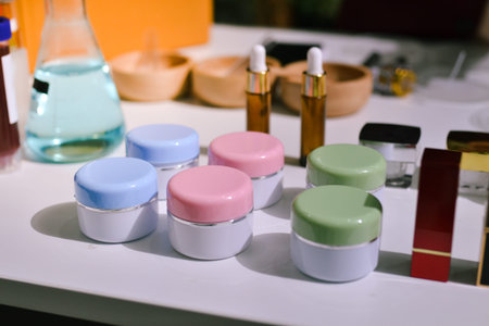 Woman making organic cosmetics with aloe in laboratoryの写真素材