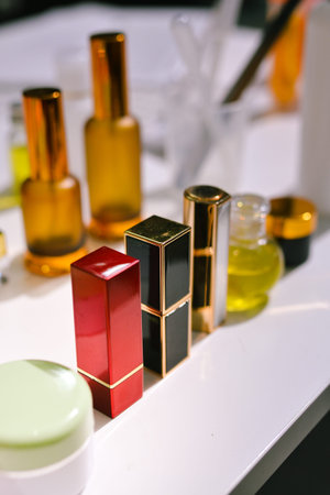 Woman making organic cosmetics with aloe in laboratoryの写真素材