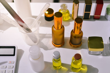 Woman making organic cosmetics with aloe in laboratoryの写真素材