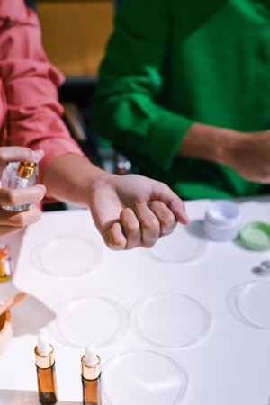 Woman making organic cosmetics with aloe in laboratoryの写真素材