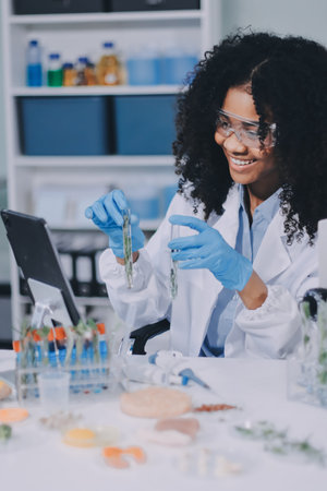 Chemical Laboratory of the Food supply. Food in laboratory, dna modify.の写真素材