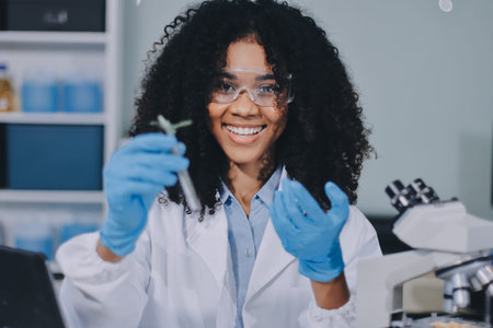 Chemical Laboratory of the Food supply. Food in laboratory, dna modify. GMO Genetically modified food in lab.の写真素材