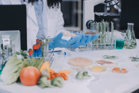 Chemical Laboratory of the Food supply . Food in laboratory, dna modify .GMO Genetically modified food in lab .の写真素材