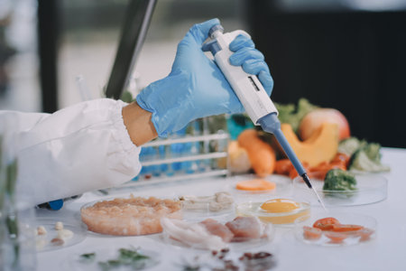 Chemical Laboratory of the Food supply . Food in laboratory, dna modify .GMO Genetically modified food in lab .の写真素材