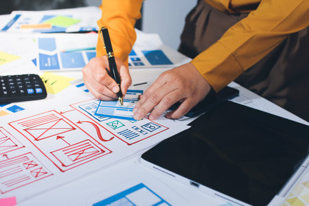 team of UI UX web designer are working together to develop mobile responsive websites with UI UX...