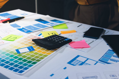 team of UI UX web designer are working together to develop mobile responsive websites with UI UX front end designer previews, UI UX web development ideas, front end designer. application developmentの写真素材