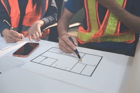 Concept Architect and desk of Architectural project in construction site or office building with...