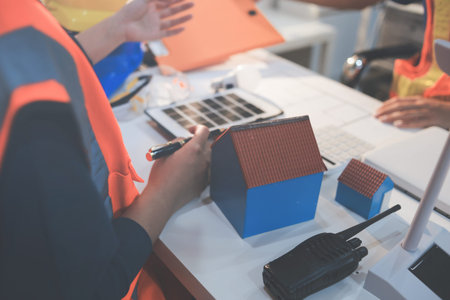 Concept Architect and desk of Architectural project in construction site or office building
