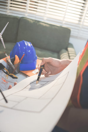 Concept Architect and desk of Architectural project in construction site or office building