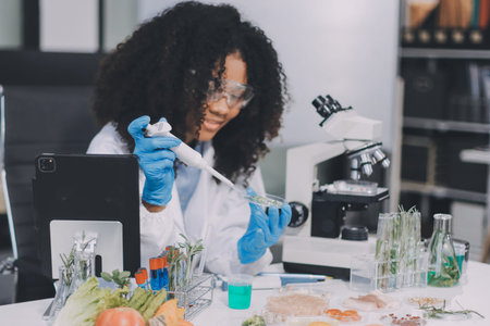 Chemical Laboratory of the Food supply . Food in laboratory, dna modify . Genetically modified food...