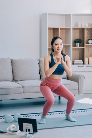 Young Asian sporty attractive people practicing yoga lesson with instructor. Asia group of women...