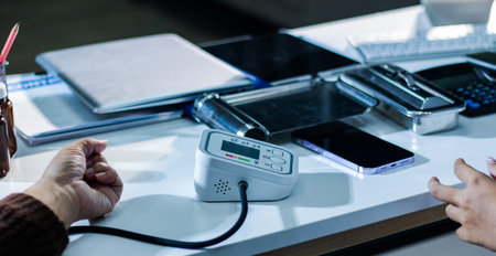 A doctor's hands carefully taking a patient's blood pressure using a sphygmomanometer.