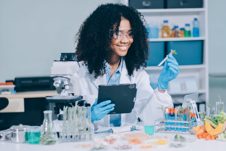 Chemical Laboratory of the Food supply . Food in laboratory, dna modify .GMO Genetically modified food in lab .の写真素材