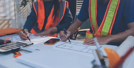 Concept Architect and desk of Architectural project in construction site or office building with...