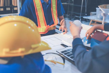 Concept Architect and desk of Architectural project in construction site or office building with...
